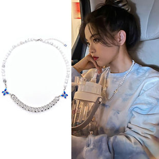 杨超越同款天然锆石金银钻双蝴蝶拼接项链男女个性嘻哈毛衣链饰品