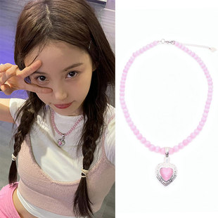 林小宅晓婷同款粉红色猫眼石爱心项链珍珠choker锁骨链女气质甜美