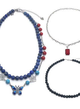 国潮原创设计蓝黑色天然玉石蝴蝶雏菊项链男女红宝石choker锁骨链