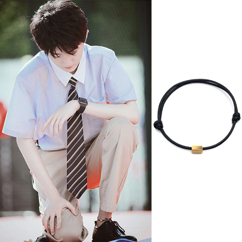 时代少年团马嘉祺同款黑色皮绳金色方块脚链手绳链环圈情侣可调节