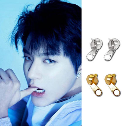 NCTDREAM李帝努Jeno同款金银色拉链牌耳钉男女新时尚个性耳环饰品