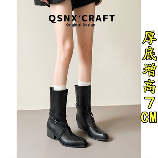 真皮版~复古皮带扣骑士短靴女2026秋冬粗跟显瘦百搭黑色中筒靴子
