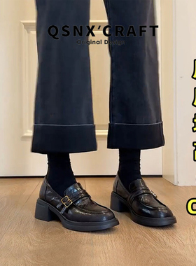 羊皮版~粗跟厚底乐福鞋女2026新款黑色高跟单鞋搭扣英伦风小皮鞋