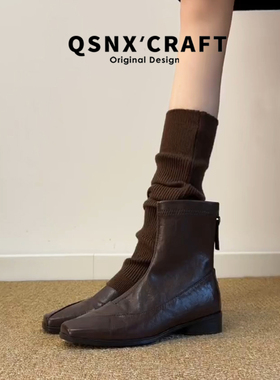 真皮版~方头内增高短靴女2025秋冬黑色低跟瘦瘦靴时尚复古马丁靴