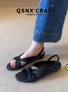 牛皮版~蝴蝶结露趾罗马凉鞋女2026夏小众坡跟黑色低跟外穿女鞋子