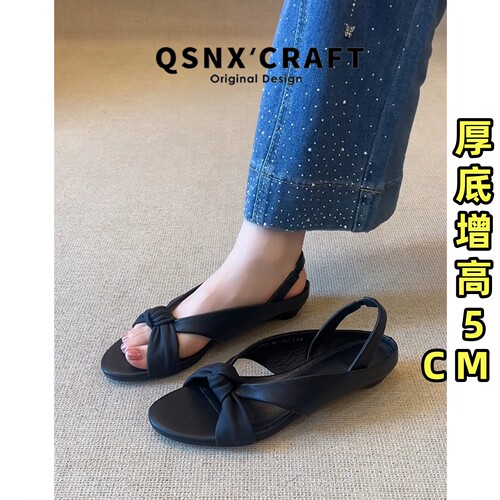 蝴蝶结露趾小众坡跟罗马凉鞋女