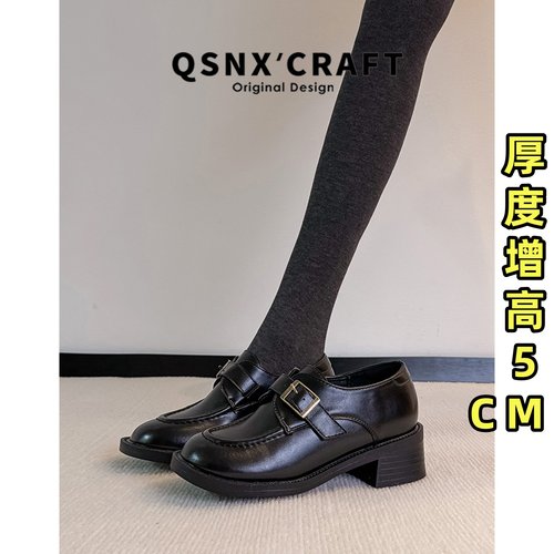 黑色单鞋搭扣粗跟厚底通勤小皮鞋