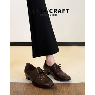 牛皮版~复古系带乐福鞋女2025新款棕色粗跟百搭小皮鞋通勤单鞋子