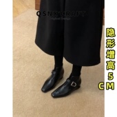 靴 黑色内增高小个子通勤风时装 牛皮版 方头皮带扣短靴女2026新款