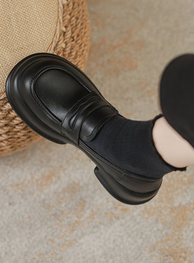 软牛皮厚底乐福鞋女2026春新季款百搭黑色单鞋子宽头英伦风小皮鞋