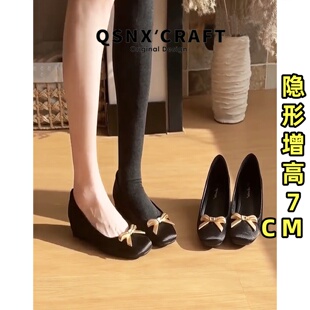 一脚蹬高跟鞋 羊皮版 内增高蝴蝶结浅口单鞋 女2025新款 子 方头单鞋