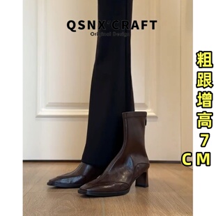高跟靴子棕色弹力瘦瘦靴 秋冬爆款 羊皮版 方头粗跟短靴女2025新款