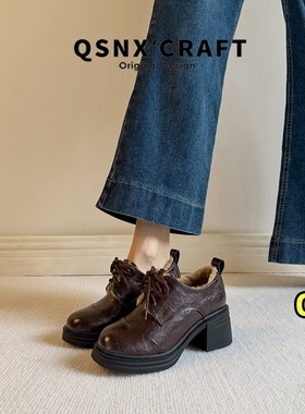 真皮版~加绒高跟小皮鞋女2025秋冬新款英伦风单鞋厚底棕色乐福鞋
