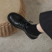 女2025春秋季 新款 黑色百搭单鞋 软牛皮乐福鞋 平底系带英伦风小皮鞋