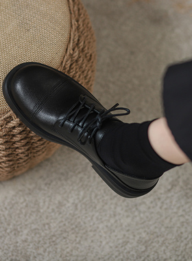 软牛皮乐福鞋女2025春秋季新款黑色百搭单鞋平底系带英伦风小皮鞋