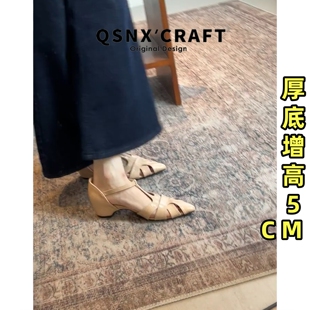 羊皮版~复古镂空粗跟凉鞋女2026夏厚底内增高尖头高级感罗马单鞋
