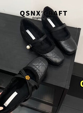 羊皮~内增高加绒玛丽珍2025冬季新款黑色菱格纹小香风浅口单鞋女