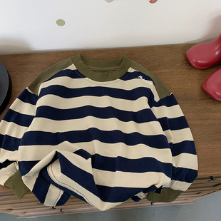 男童T恤春款2026新款条纹中童卫衣打底衫洋气时髦纯棉儿童上衣潮