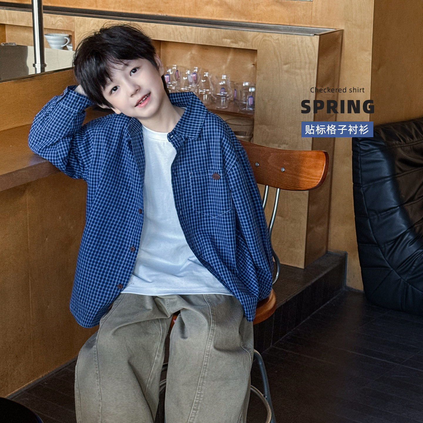 2026男童春季新款韩版贴标中小童上衣百搭格子翻领儿童衬衫潮
