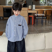 可爱小猫刺绣宝宝上衣条纹百搭拼接儿童衬衫 2026男童春季 新款