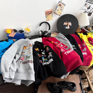 儿童拜年服喜庆红色2025休闲加绒套装男女童加厚复合卫衣卫裤潮