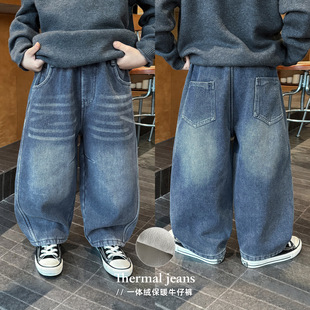 2025男童冬款韩版磨白砂洗宝宝休闲裤百搭加绒加厚儿童牛仔裤