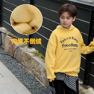 中童男童装秋冬装卫衣字母儿童连帽上衣不倒绒加绒百搭上衣潮休闲