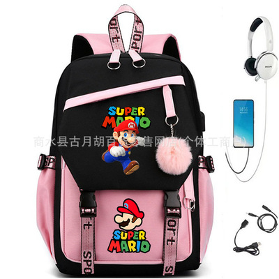 Mario马里奥游戏印花USB双肩背包可爱卡通学生书包大容量帆布包