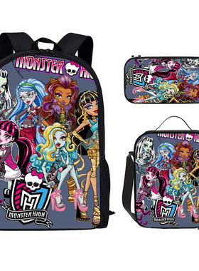 跨境热销Monster High印花三件套书包笔袋挎包大容量学生背包现货