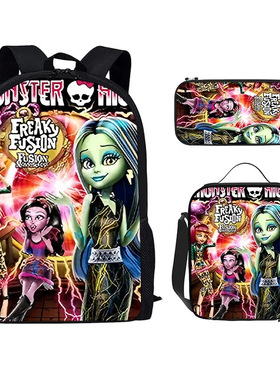跨境批发Monster High印花三件套书包笔袋餐包精灵高中学三件套