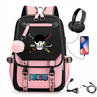 跨境海贼王动漫超新星海贼王路飞印花学校背包usb大容量旅行书包