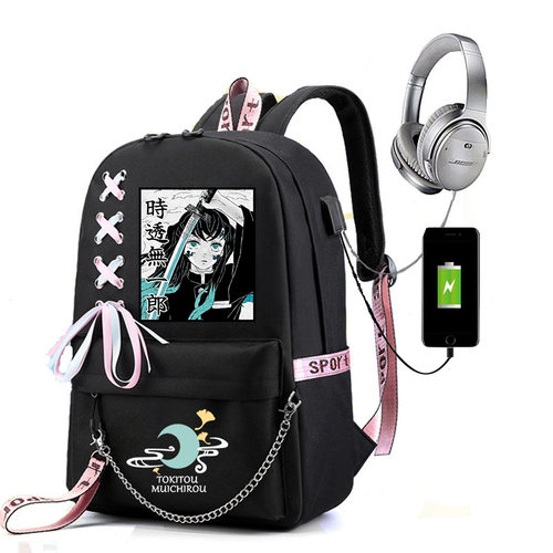 · 鬼灭之刃 日漫校园风书包链条带USB初高中大学生户外双肩背包
