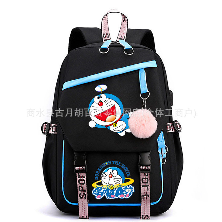 哆啦A梦印花可爱卡通双肩背包USB护脊减负学生书包简约休闲帆布包