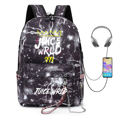 juice wrld款印花USB充电包包带链双肩包休闲时尚款背包 厂家