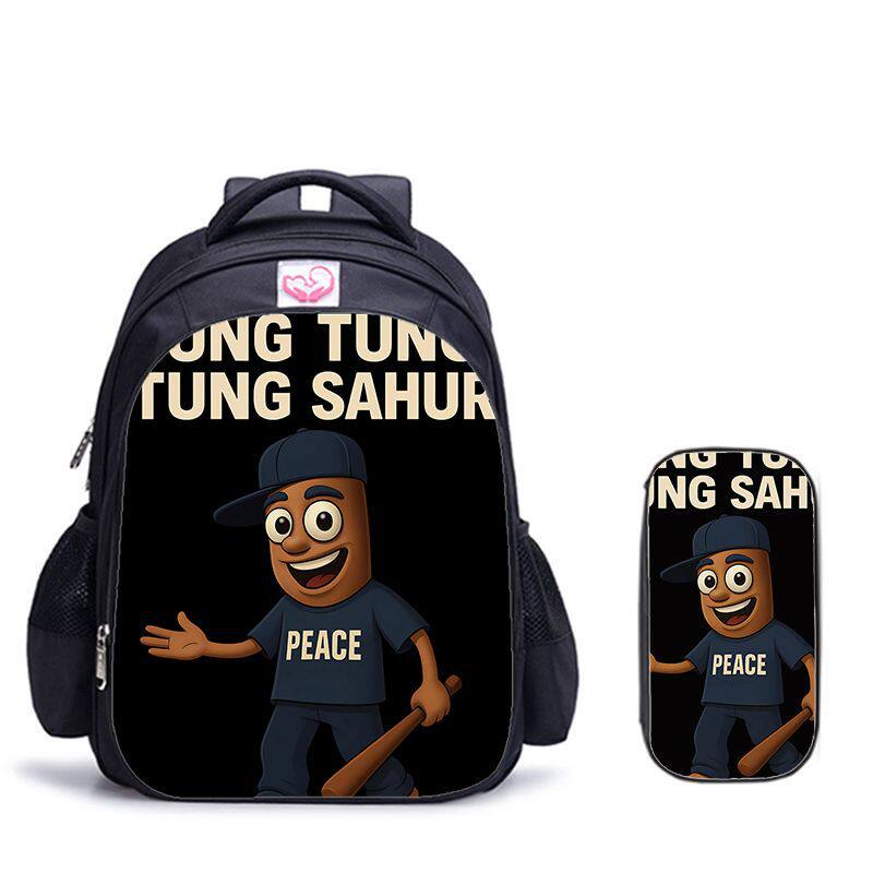 校园爆款两件套 海经木棍人卡通印花牛津纺书包+笔袋