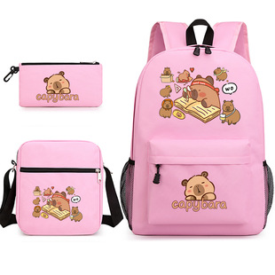 跨境新款capybara卡皮巴拉印花学生书包双肩背包单肩笔袋三件套