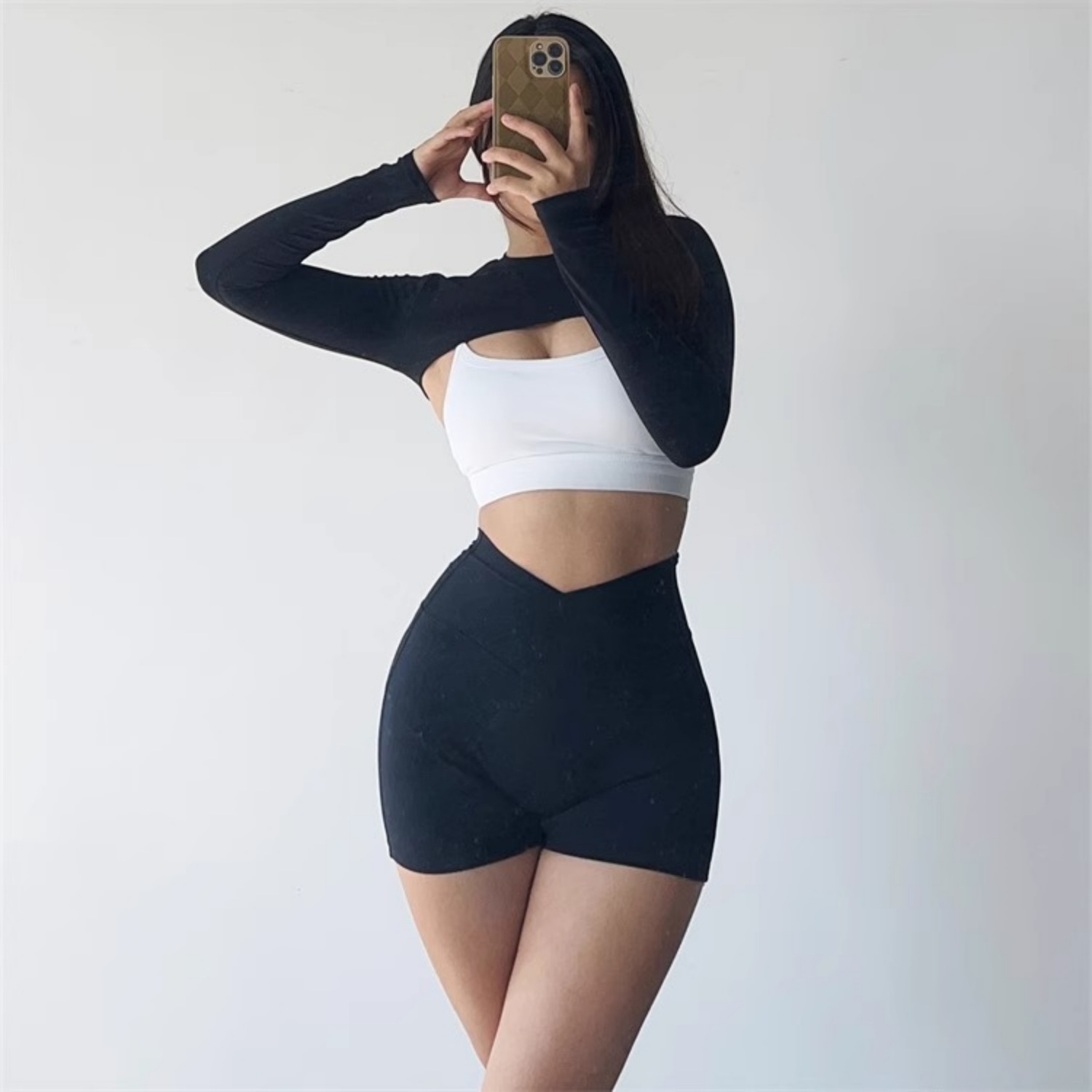 超短瑜伽普拉提外搭圆领训练T恤长袖坎肩上衣健身运动跑步披肩弹