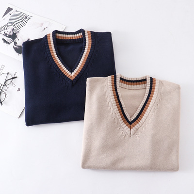 jk秋冬季复古长袖v领针织套头衫