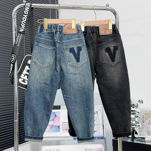 妙吧童装男童瘦版牛仔裤春秋款中大童蓝色男孩裤子儿童修身小脚裤