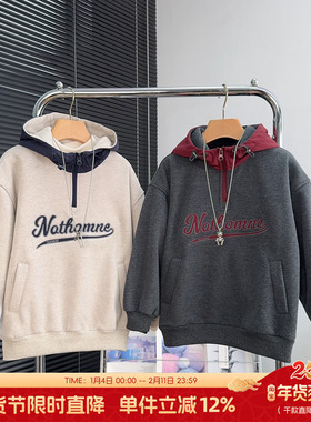 童乐鱼童装男童加绒连帽卫衣冬装中大童半拉链帽衫儿童上衣95166