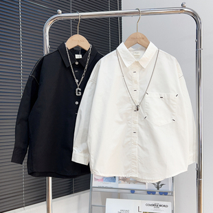 衬衣韩版 中大童黑色长袖 儿童洋气翻领上衣 2026春秋款 男童白色衬衫