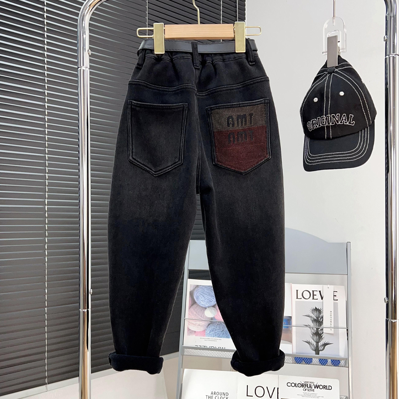 品牌童装男童黑色加绒裤子冬款中大童加厚弹力牛仔裤儿童保暖长裤