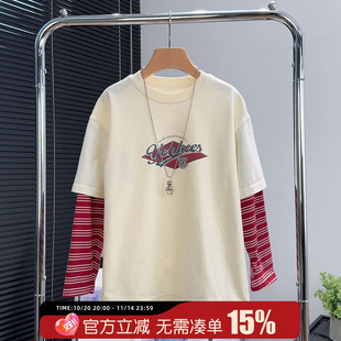 9925 中大童休闲卫衣儿童打底衫 大E小e童装 男童假两件T恤2025秋季