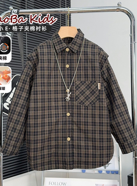 大E小e童装男童夹棉衬衫冬季新款中大童保暖格子衬衣儿童上衣3683