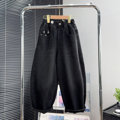 大E小e童装男女童黑色加绒牛仔裤