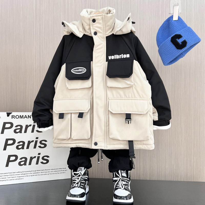 男童加厚工装外套2022冬款中大童拼接棉服韩版儿童夹棉冲锋衣夹克