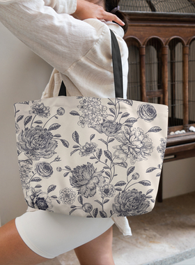 古雅经典印花拉链有底布包定制托特包手拎包可折叠轻便环保结实