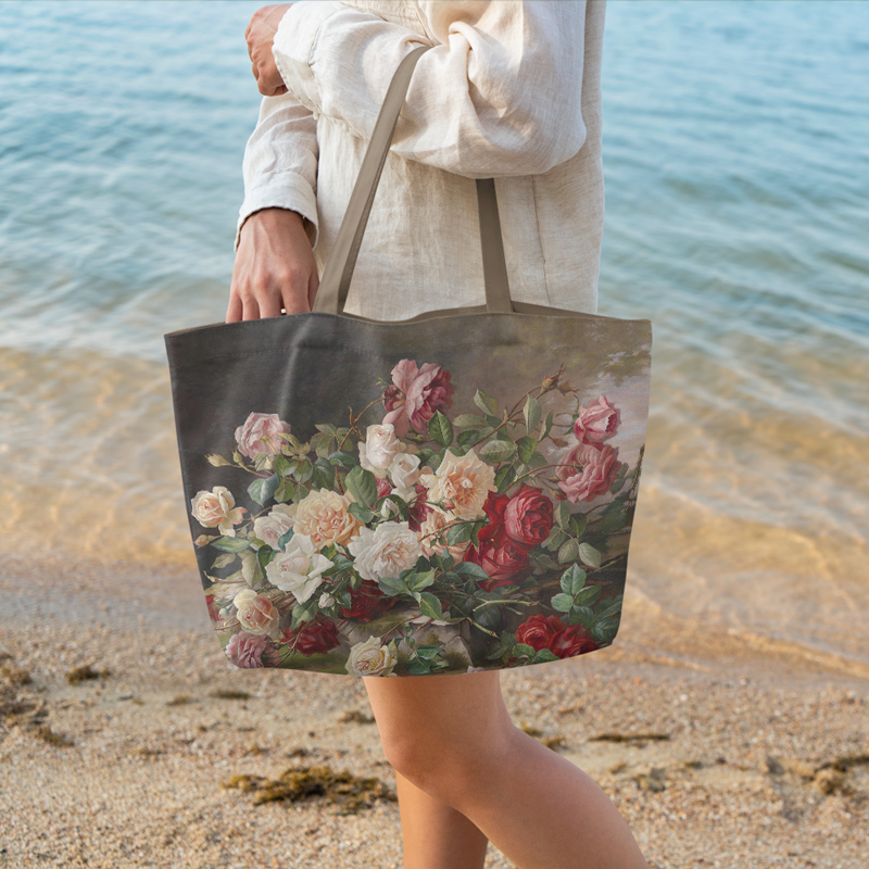 月季花印花复古拉链有底布包定制包买菜包手提袋肩包时尚轻便环保,收纳整理,购物袋/环保袋/帆布袋,淘宝优惠券,粉丝福利购,淘宝优惠卷