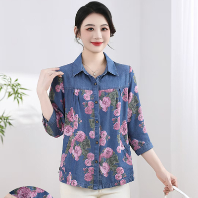 春夏新款妈妈女装七分袖开衫翻领上衣中老年牛仔薄款针织开扣小衫