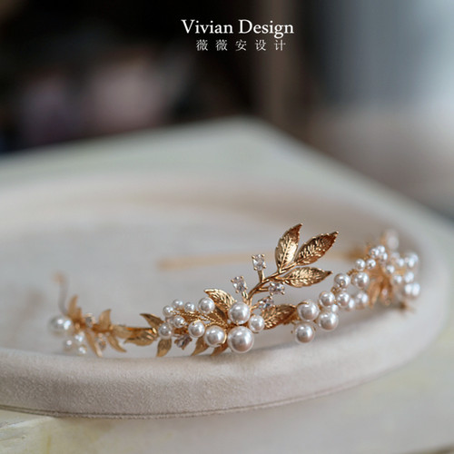 欧美原创金色树叶铜板树叶水钻珍珠发箍王冠新娘头饰cosplay宴会